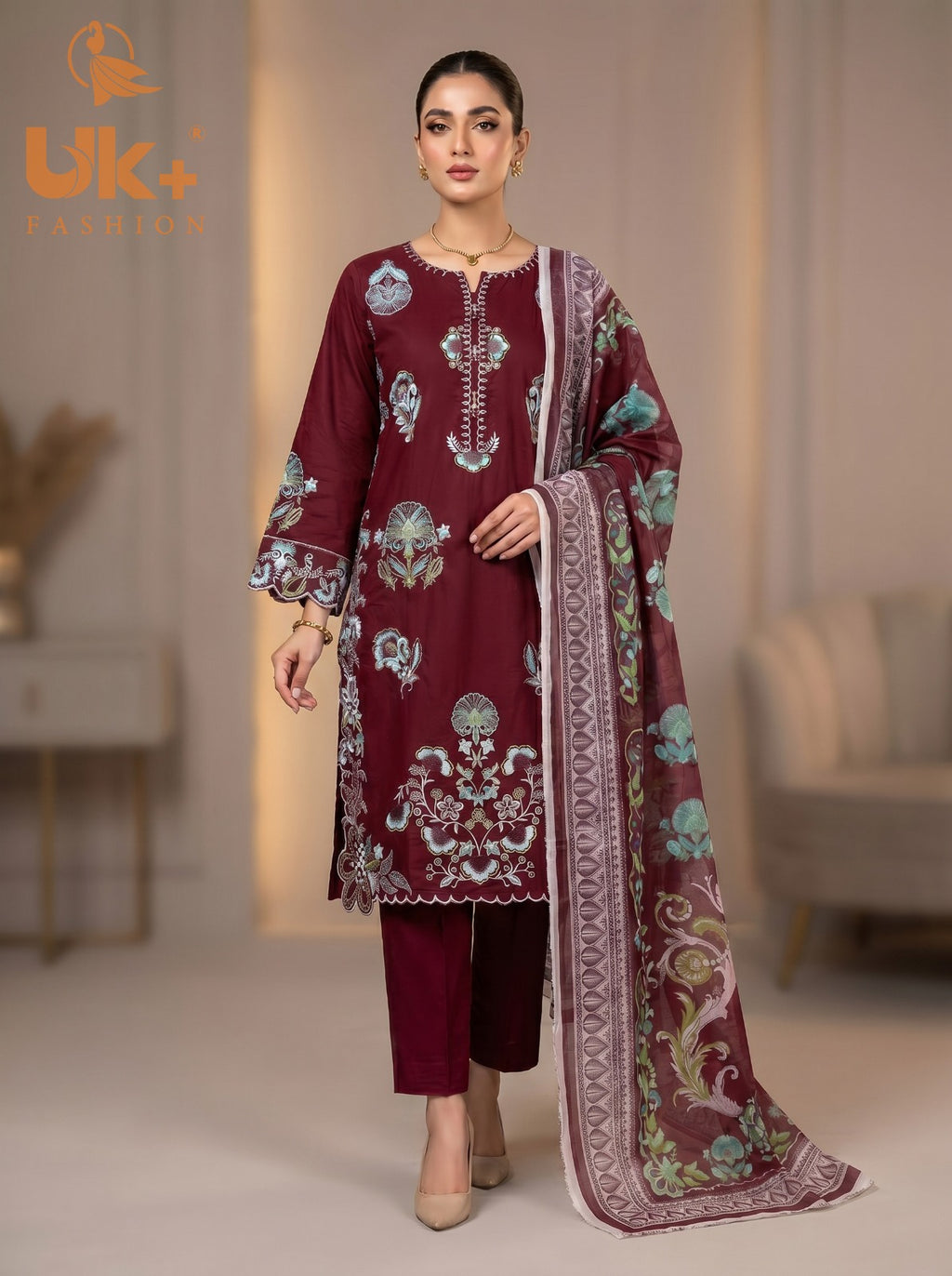 3Pc Embroidered Cotton Shirt, Trouser, Dupatta