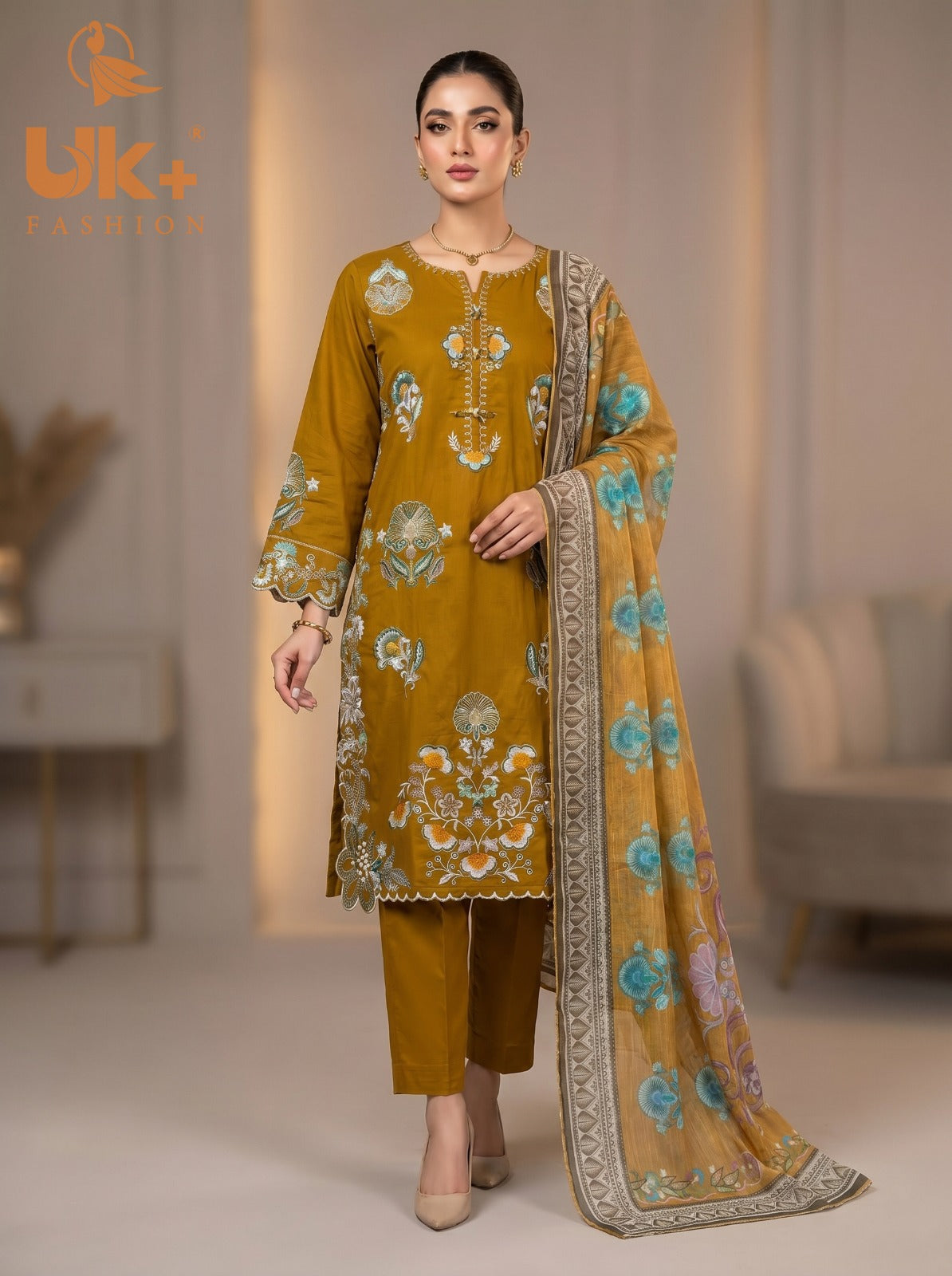 3Pc Embroidered Cotton Shirt, Trouser, Dupatta