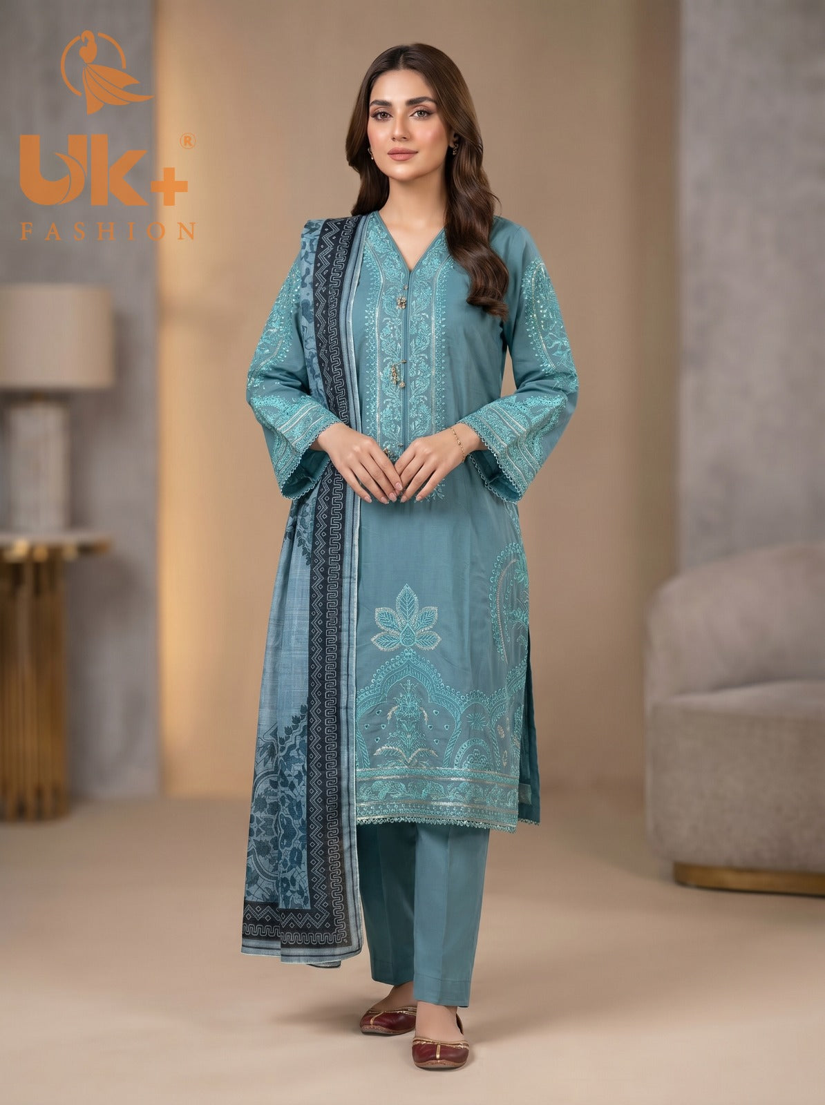 3Pc Embroidered Cotton Shirt, Trouser, Dupatta