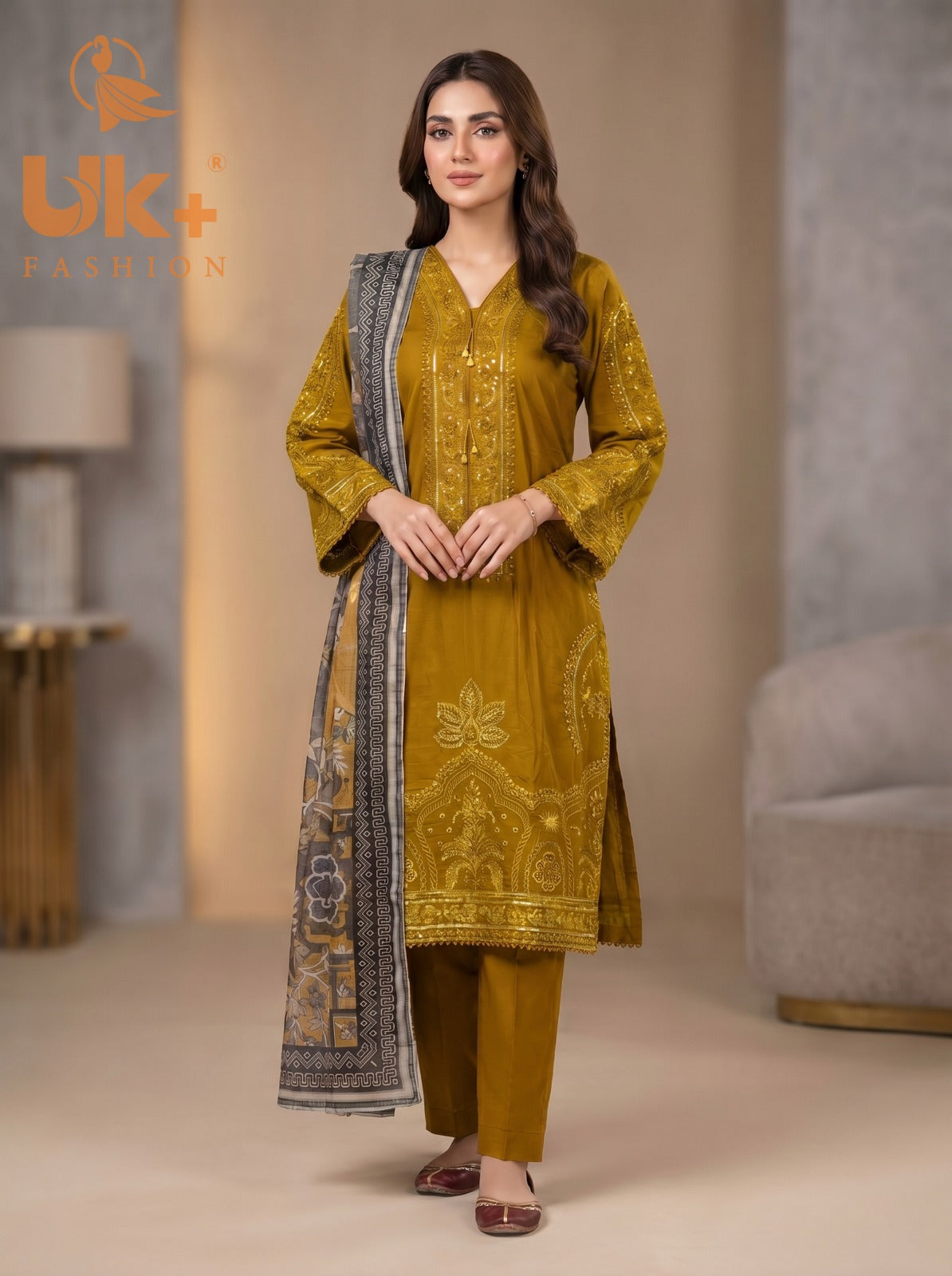3Pc Embroidered Cotton Shirt, Trouser, Dupatta