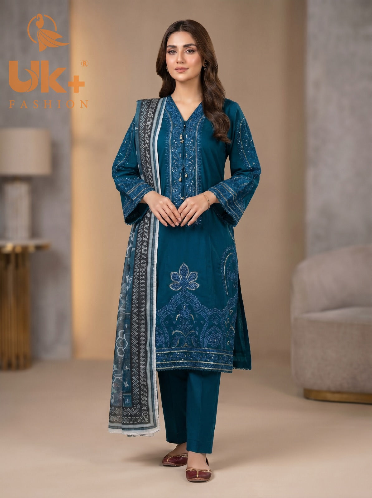 3Pc Embroidered Cotton Shirt, Trouser, Dupatta