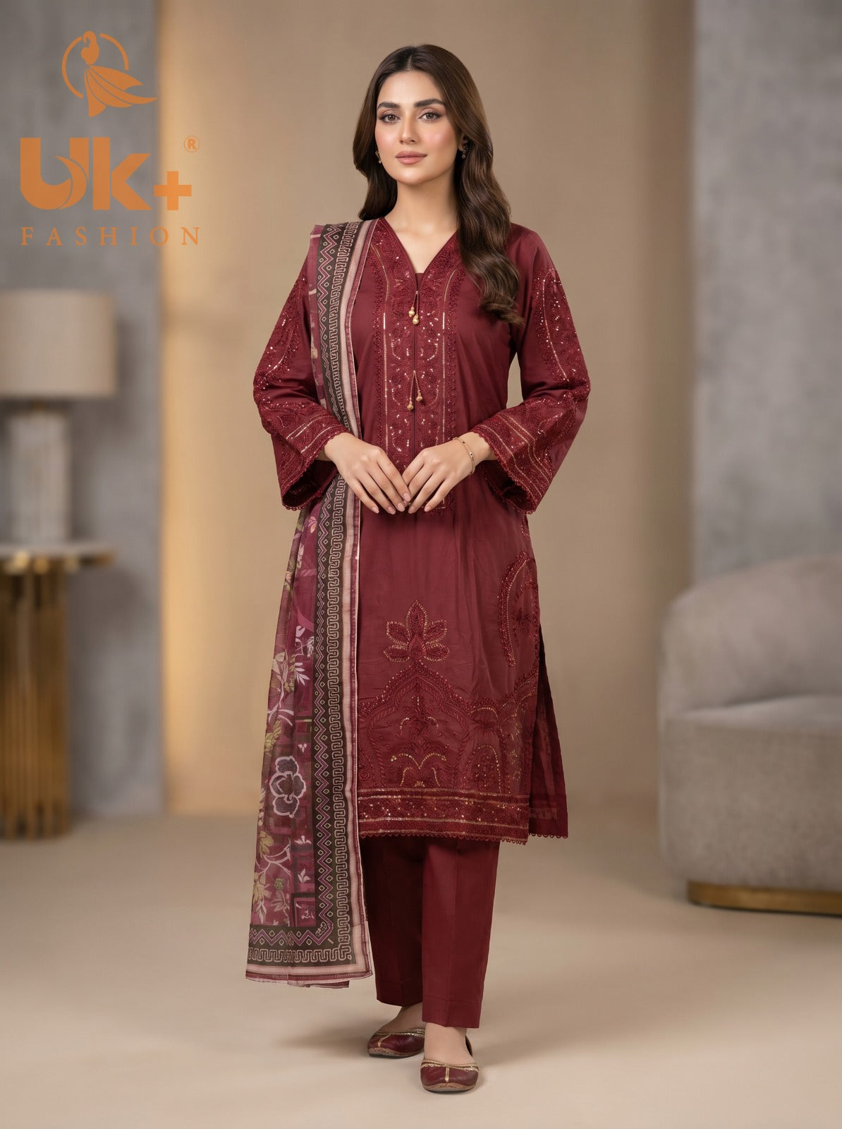 3Pc Embroidered Cotton Shirt, Trouser, Dupatta
