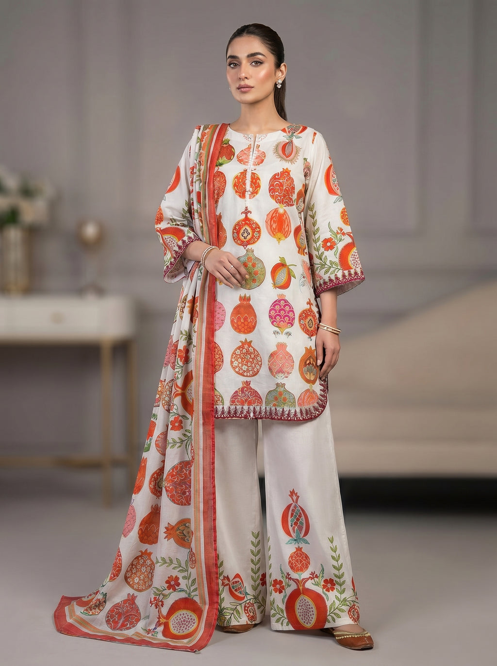 3pc pure lawn Shirt, Farshi Shalwar, Dupatta