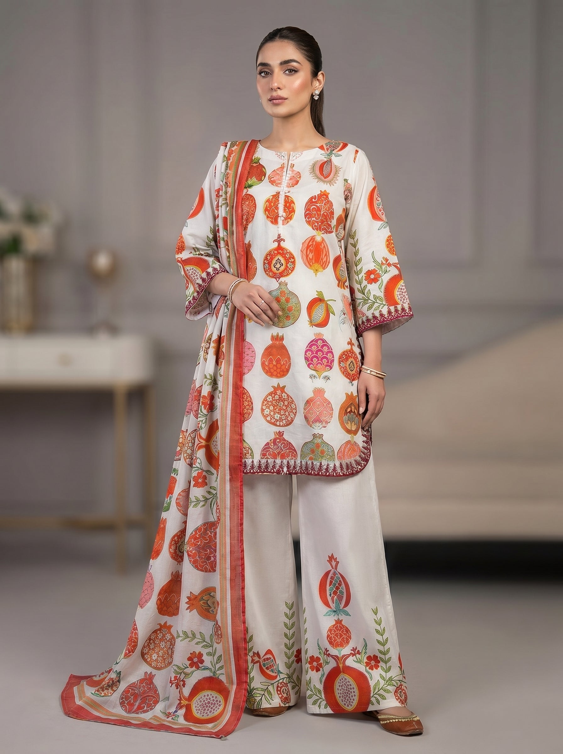 3pc pure lawn Shirt, Farshi Shalwar, Dupatta