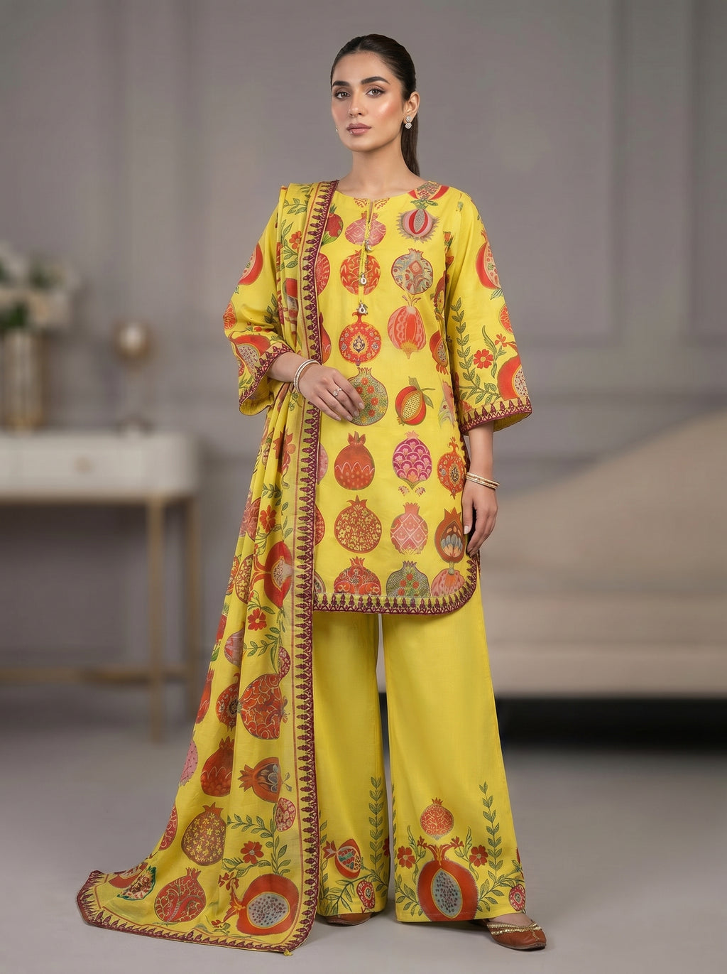 3pc pure lawn Shirt, Farshi Shalwar, Dupatta