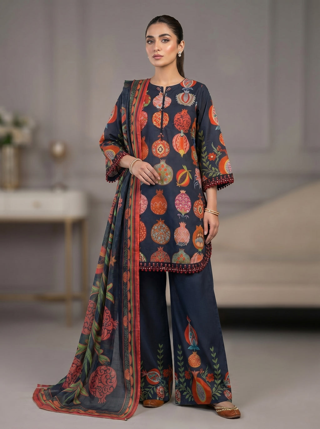 3pc pure lawn Shirt, Farshi Shalwar, Dupatta