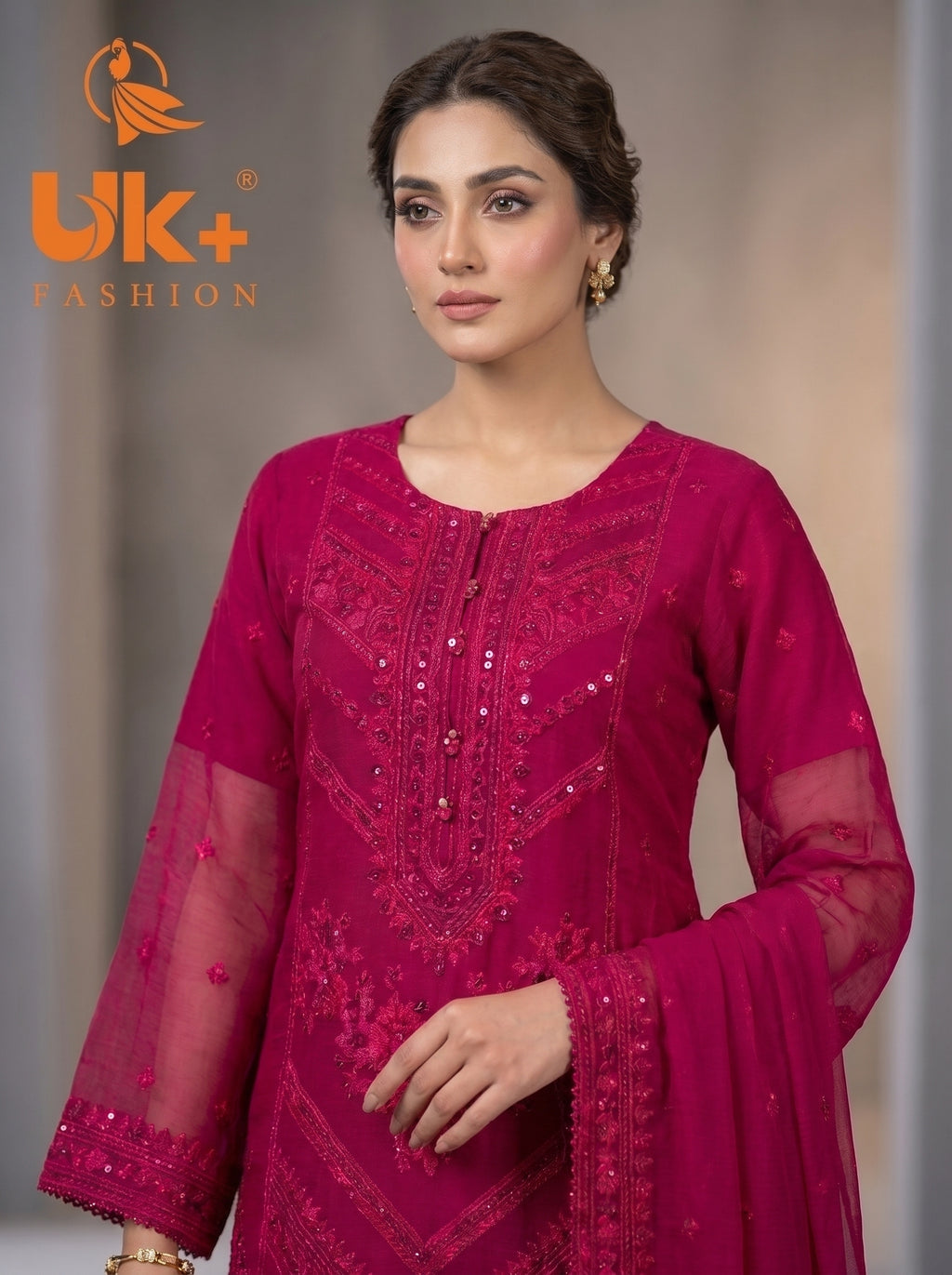 3Pc Embroided Chiffon Shirt, Plazo, Dupatta