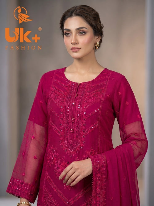 3Pc Embroided Chiffon Shirt, Plazo, Dupatta
