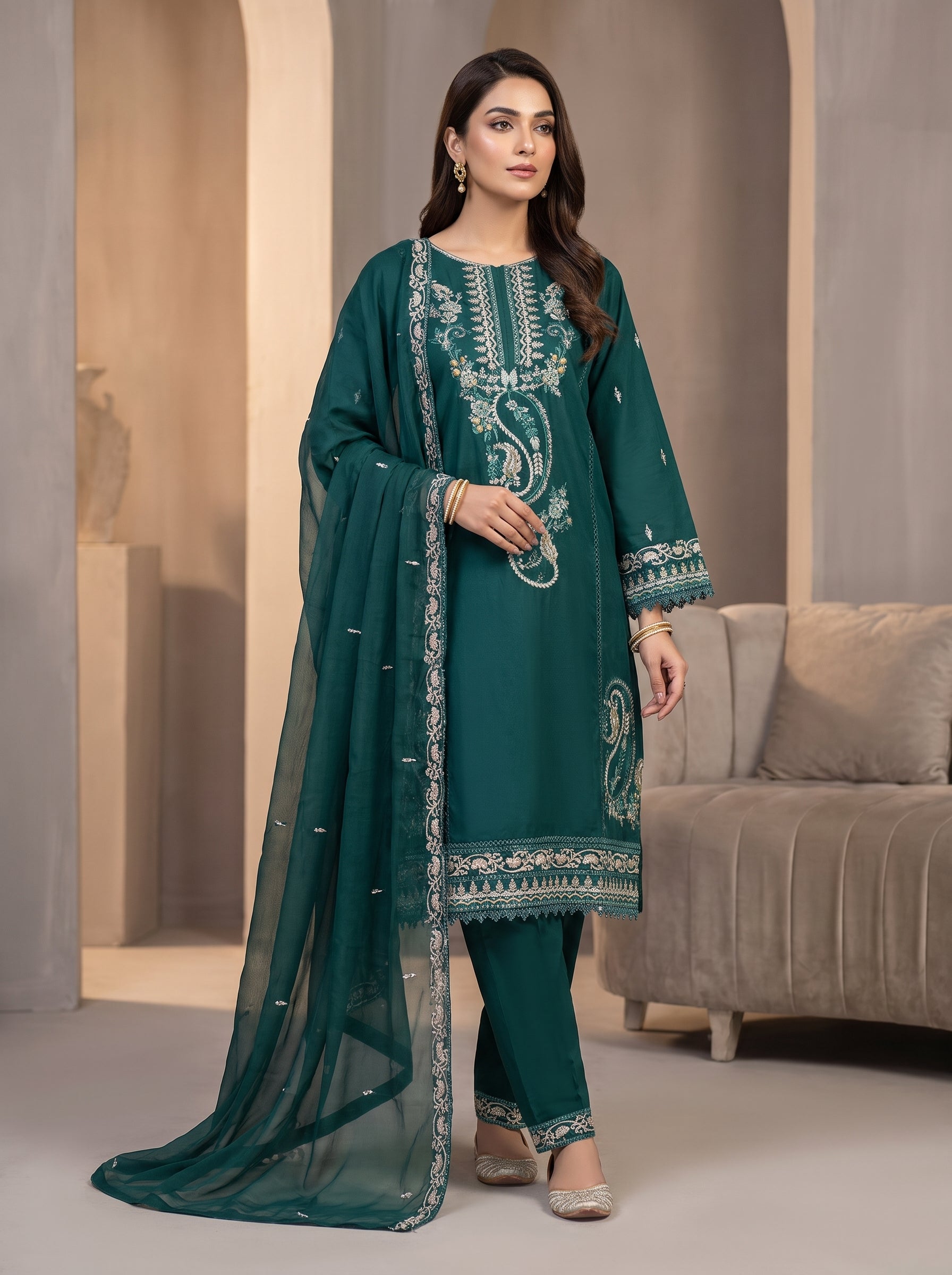 3Pc Embroidered Cotton Shirt, Trouser, Dupatta