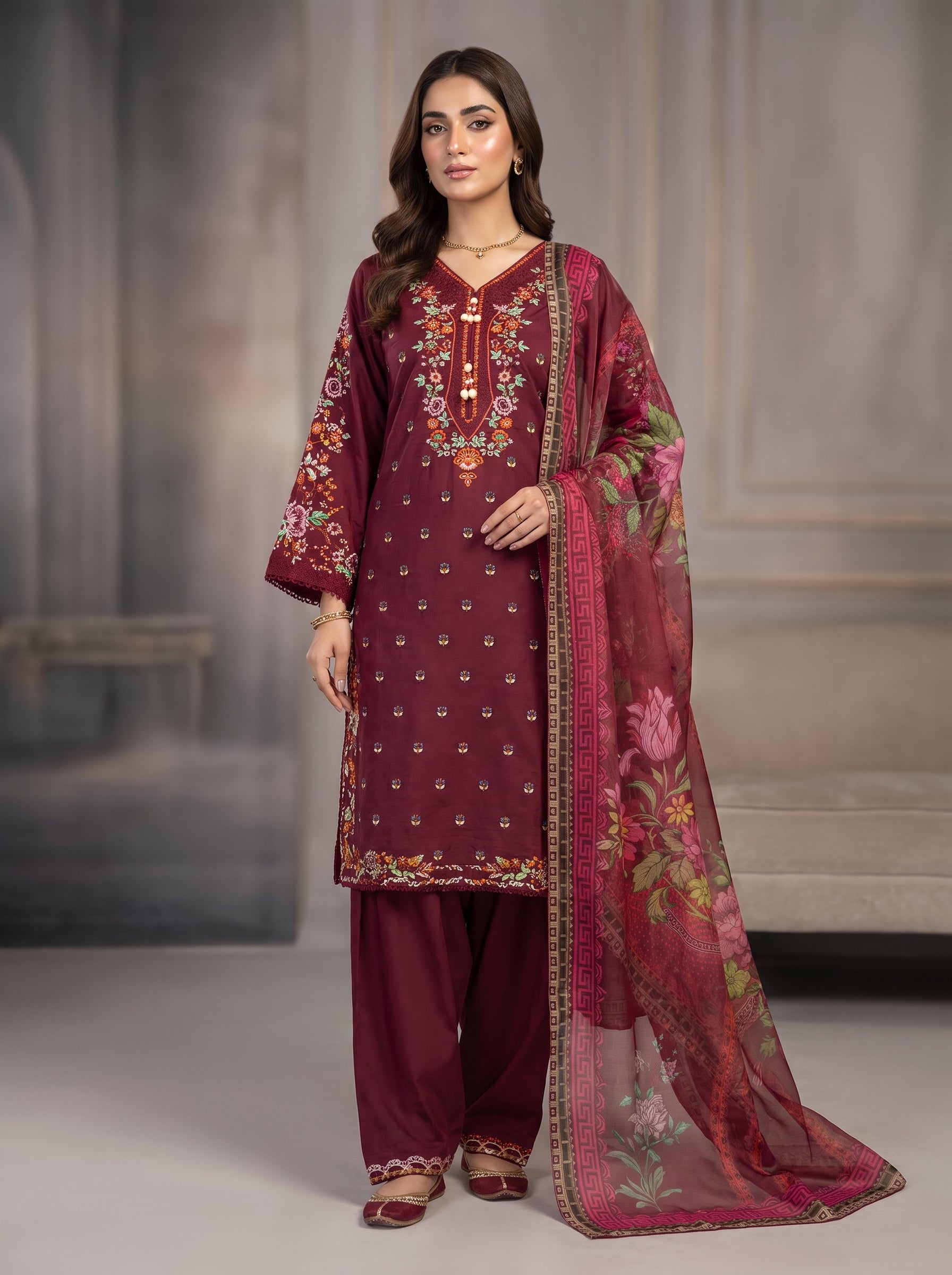 3Pc Embroidered Cotton Shirt, Trouser, Dupatta