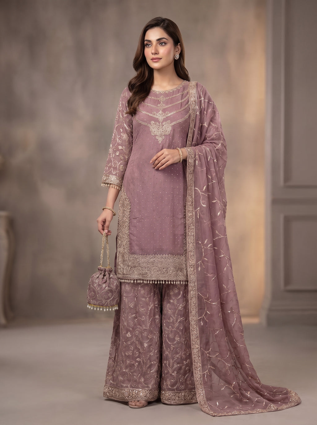 3Pc Embroided Chiffon Shirt, Plazo, Dupatta