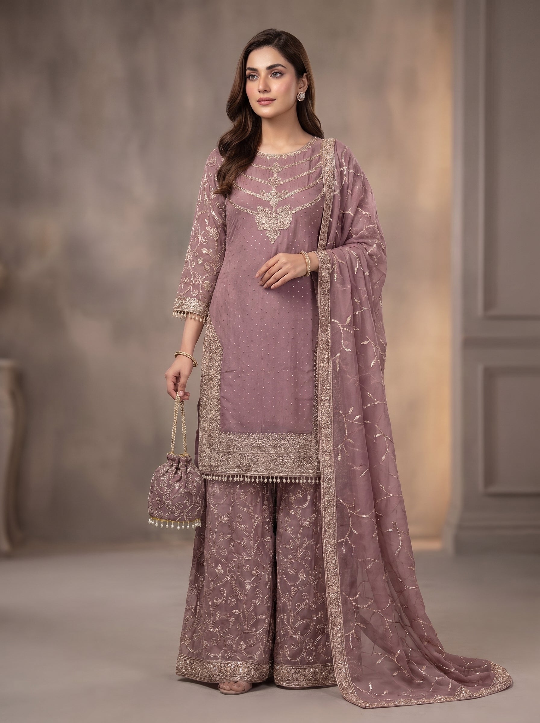 3Pc Embroided Chiffon Shirt, Plazo, Dupatta
