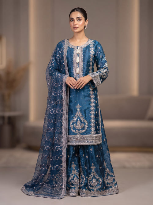 3Pc Embroided Sheesha Silk Shirt, Plazo, Dupatta