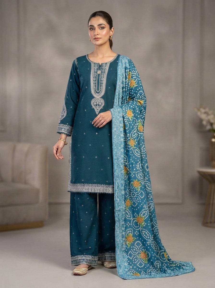 3Pc Embroidered Cotrie Shirt, Trouser, Dupatta
