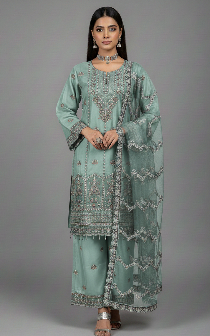 3Pc Embraided Organza Plazo, Shirt Shalwar Dupatta