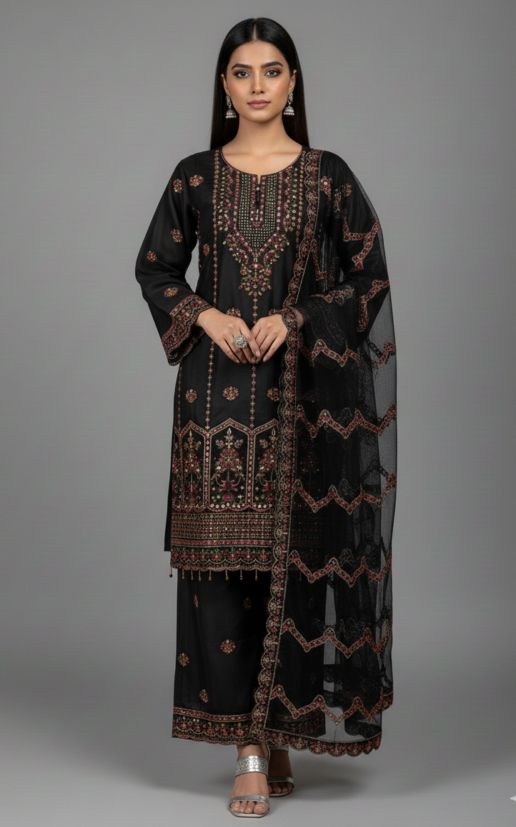 3Pc Embraided Organza Plazo, Shirt Shalwar Dupatta