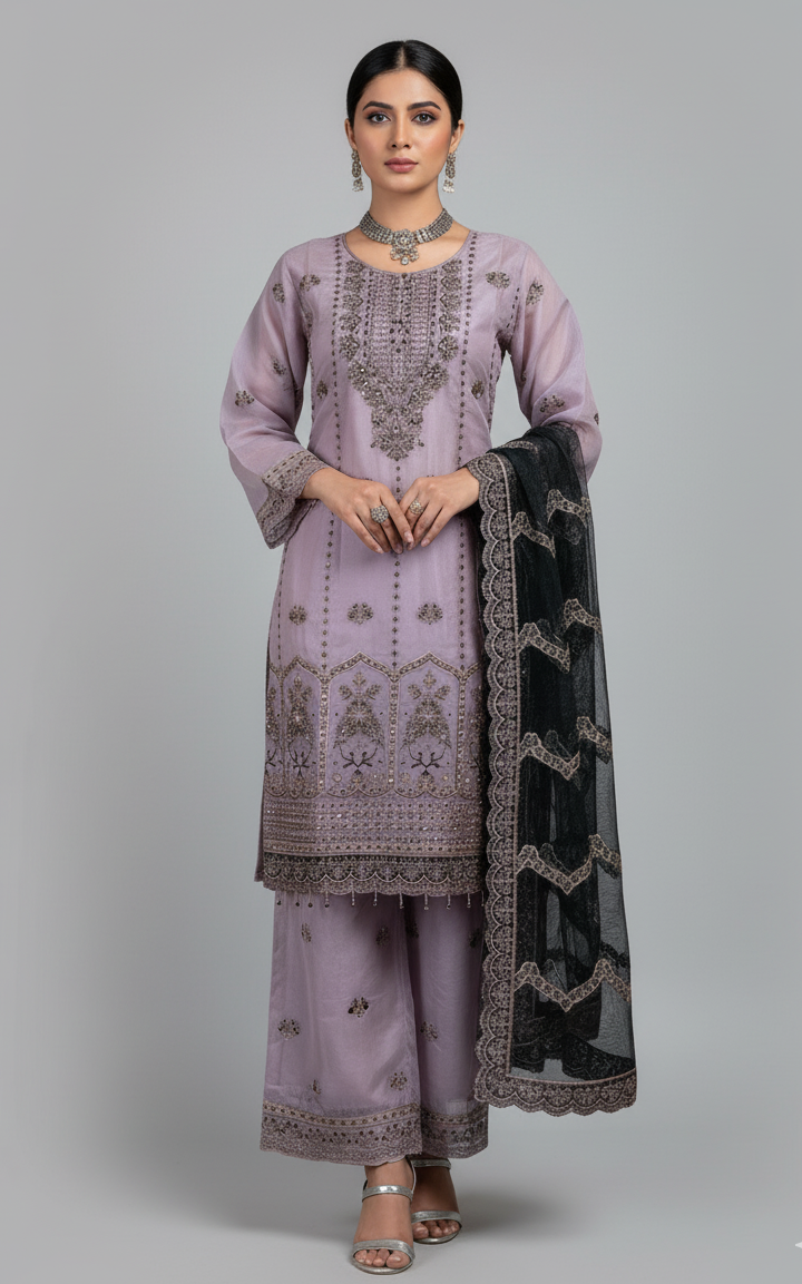 3Pc Embraided Organza Plazo, Shirt Shalwar Dupatta