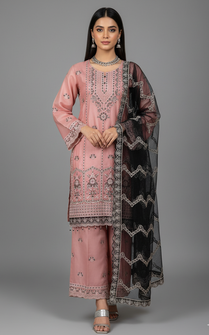 3Pc Embraided Organza Plazo, Shirt Shalwar Dupatta