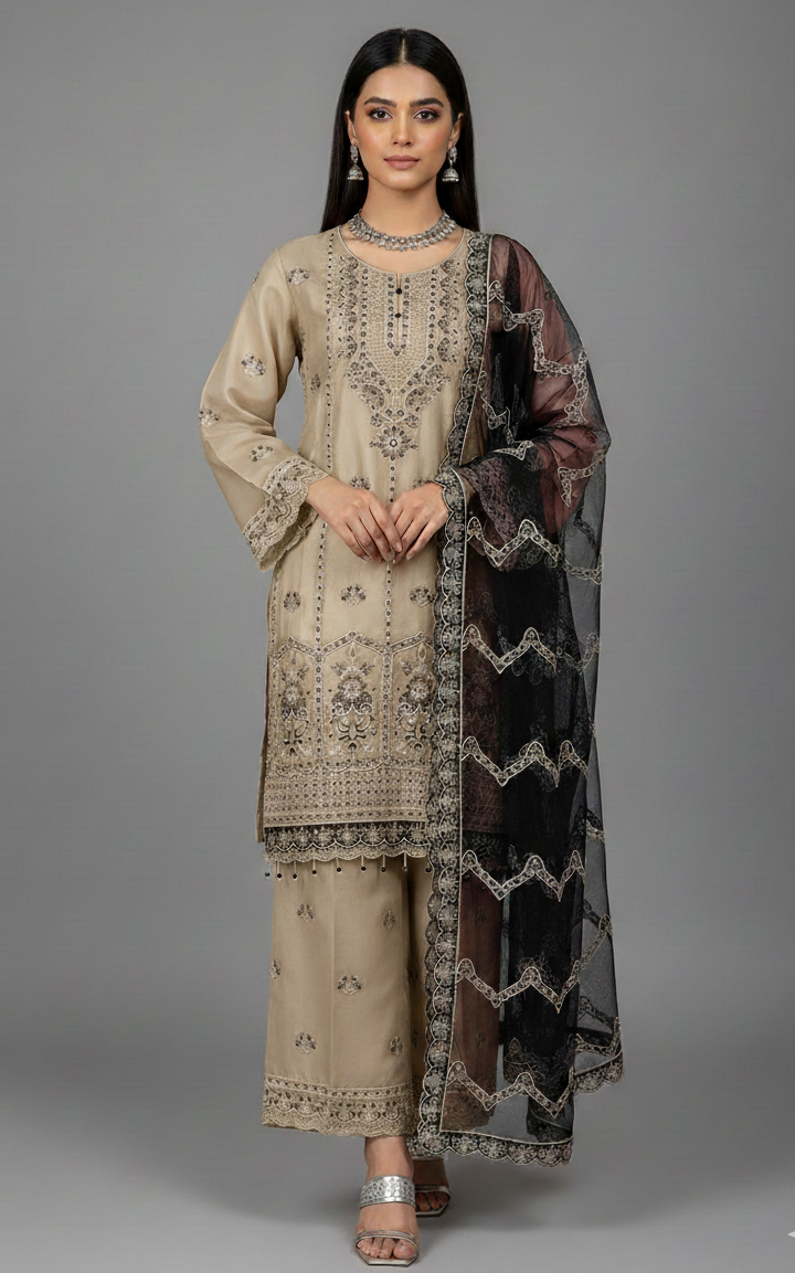 3Pc Embraided Organza Plazo, Shirt Shalwar Dupatta