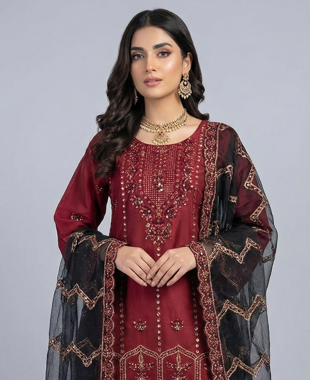 3Pc Embraided Organza Plazo, Shirt Shalwar Dupatta