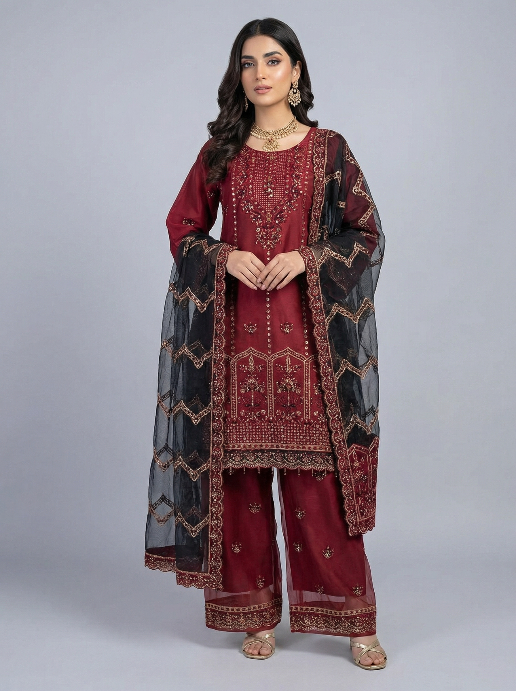 3Pc Embraided Organza Plazo, Shirt Shalwar Dupatta