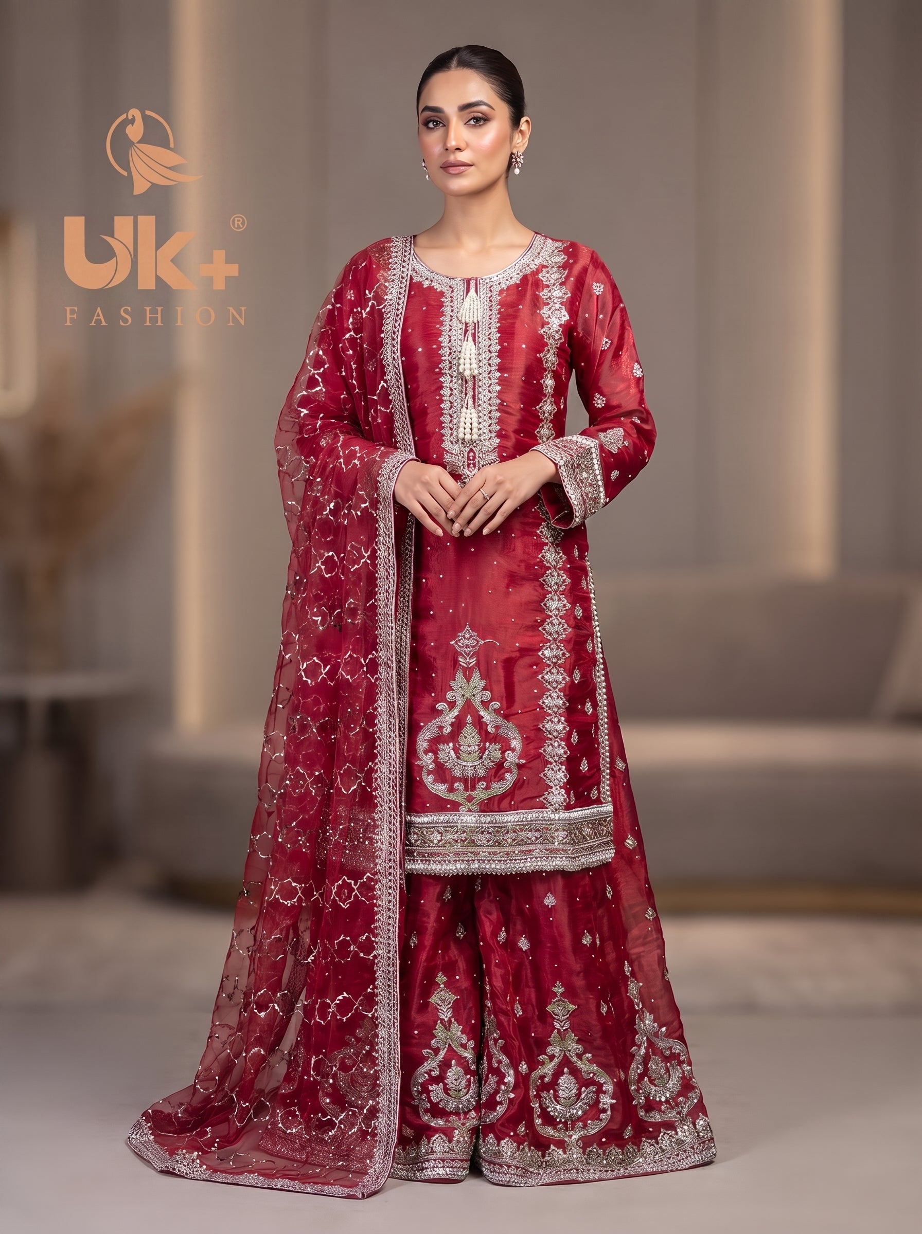 3Pc Embroided Sheesha Silk Shirt, Plazo, Dupatta