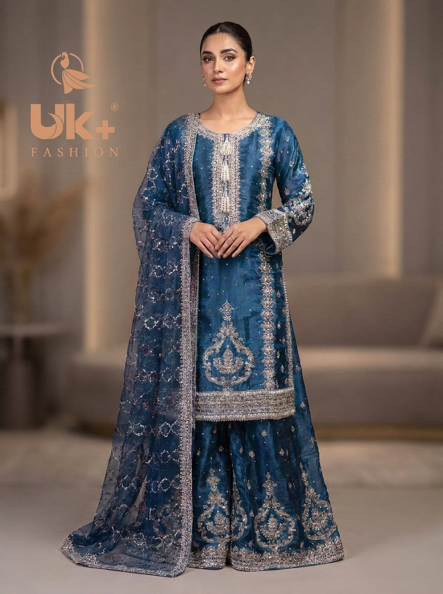 3Pc Embroided Sheesha Silk Shirt, Plazo, Dupatta