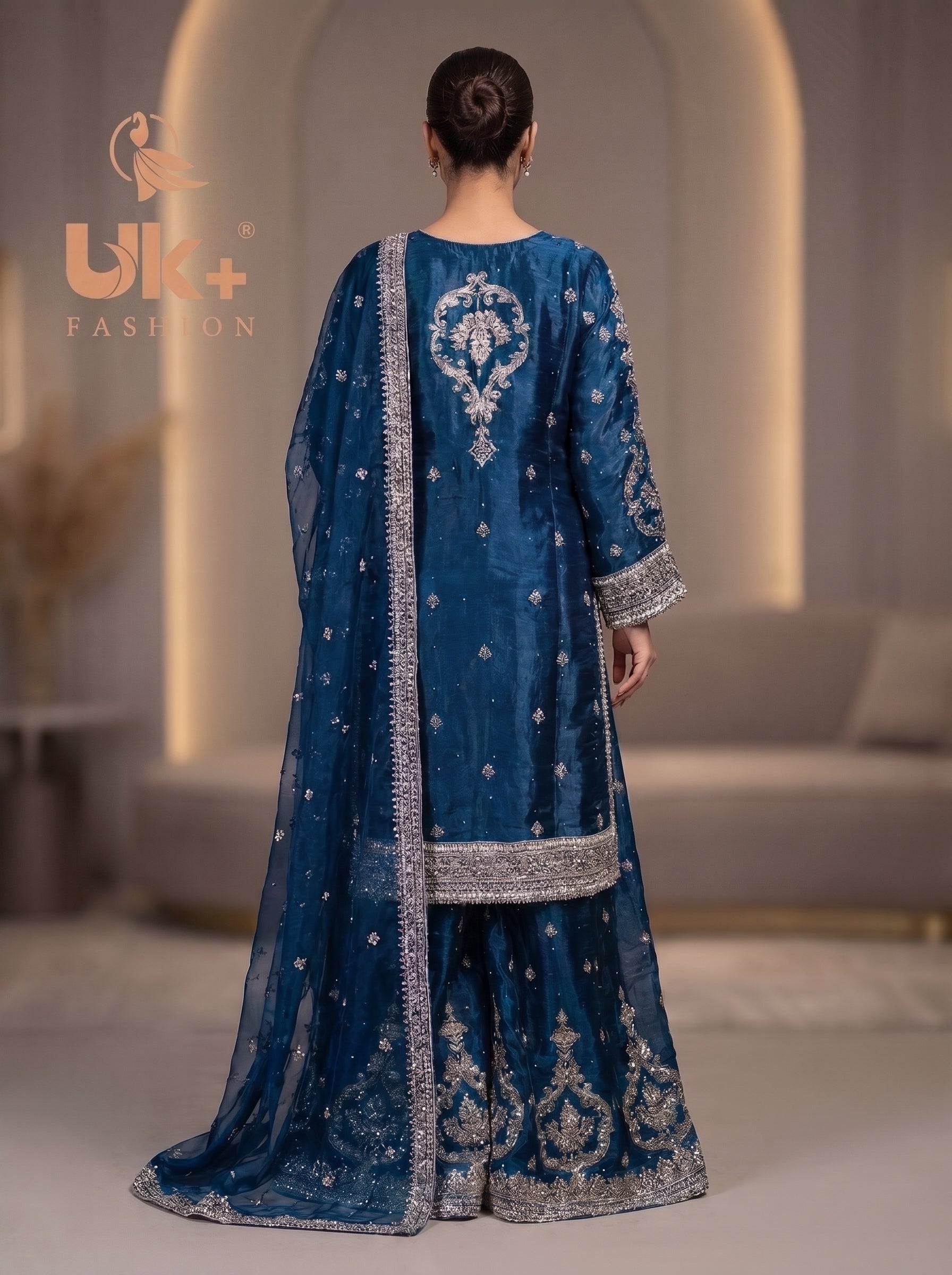 3Pc Embroided Sheesha Silk Shirt, Plazo, Dupatta
