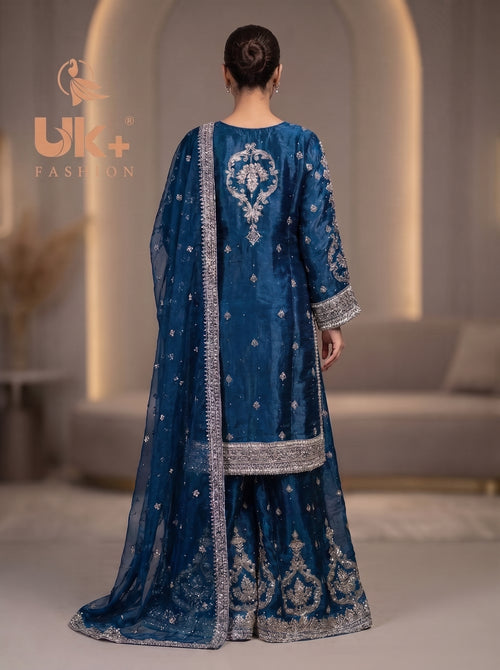 3Pc Embroided Sheesha Silk Shirt, Plazo, Dupatta