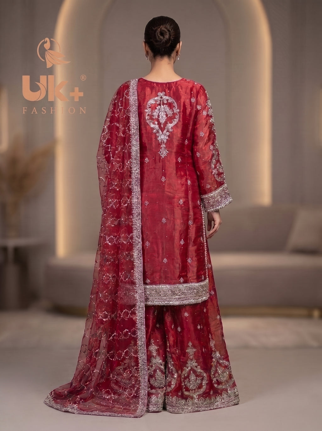 3Pc Embroided Sheesha Silk Shirt, Plazo, Dupatta