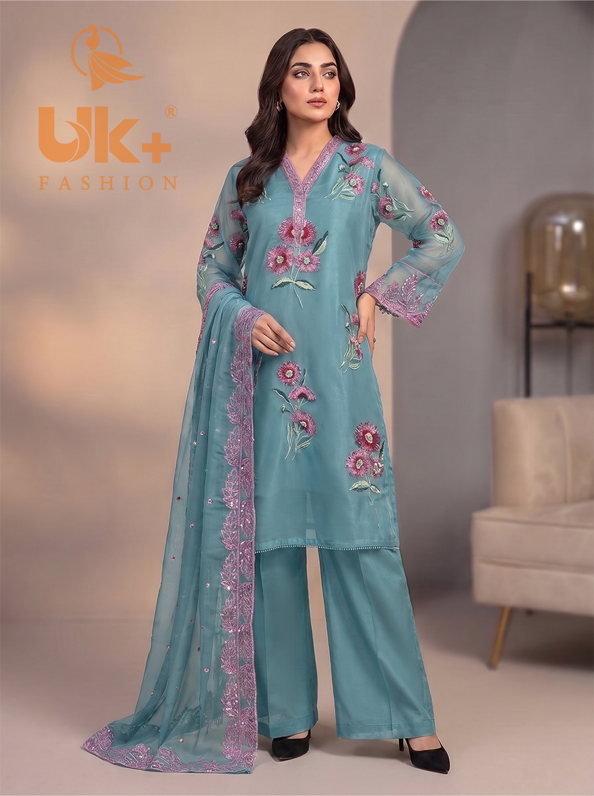 3Pc Embroided Shamoz Silk Shirt, Plazo, Dupatta