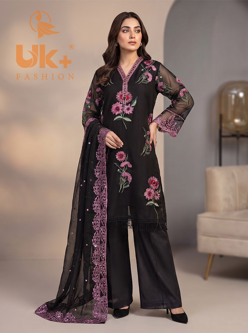 3Pc Embroided Shamoz Silk Shirt, Plazo, Dupatta