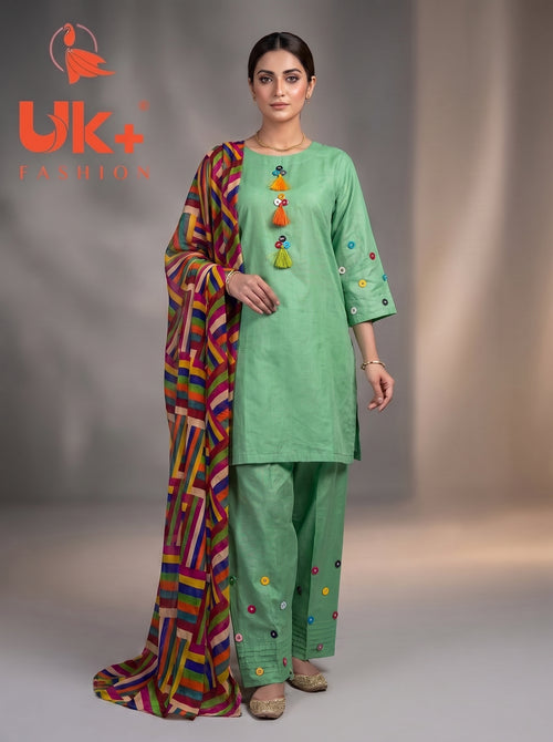 3Pc Embroidered Cotton Shirt, Plazo, Dupatta