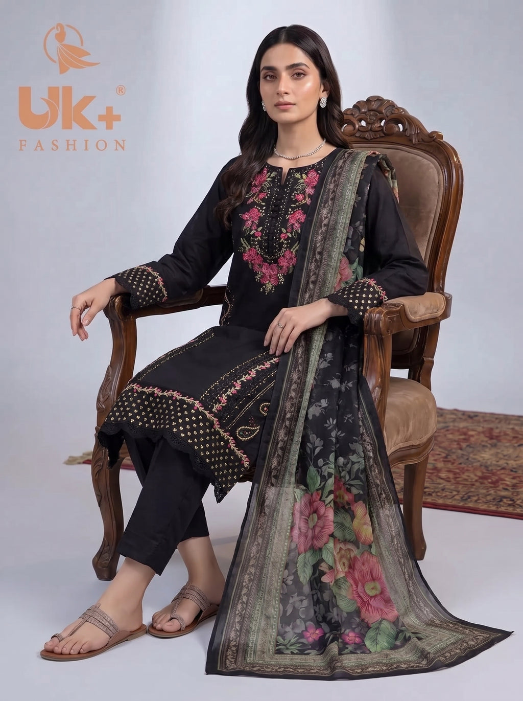 3Pc Embroidered Cotton Shirt, Trouser, Dupatta