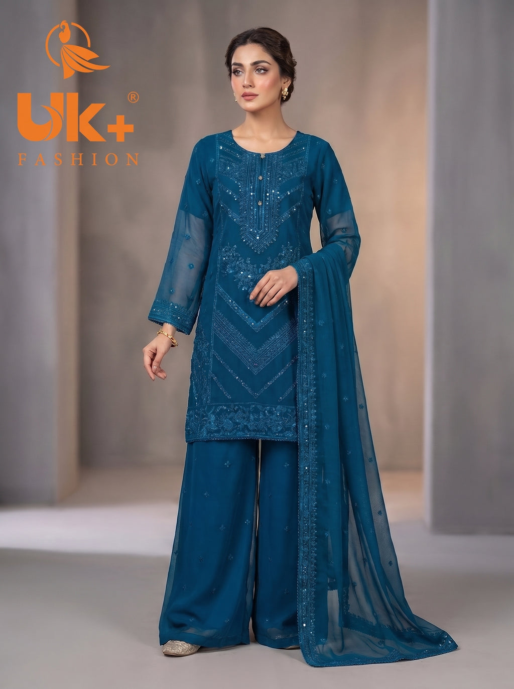 3Pc Embroided Chiffon Shirt, Plazo, Dupatta