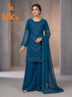 3Pc Embroided Chiffon Shirt, Plazo, Dupatta