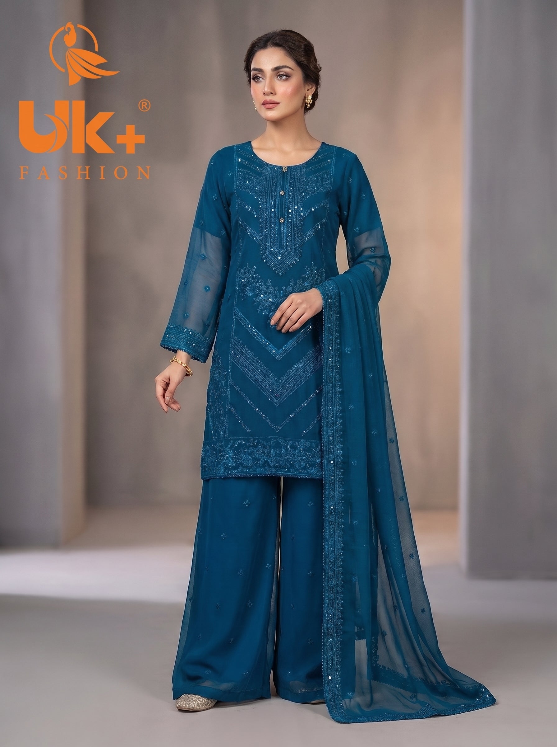 3Pc Embroided Chiffon Shirt, Plazo, Dupatta