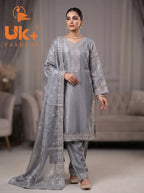 3Pc Embroidered Silk Shirt, Shalwar, Dupatta
