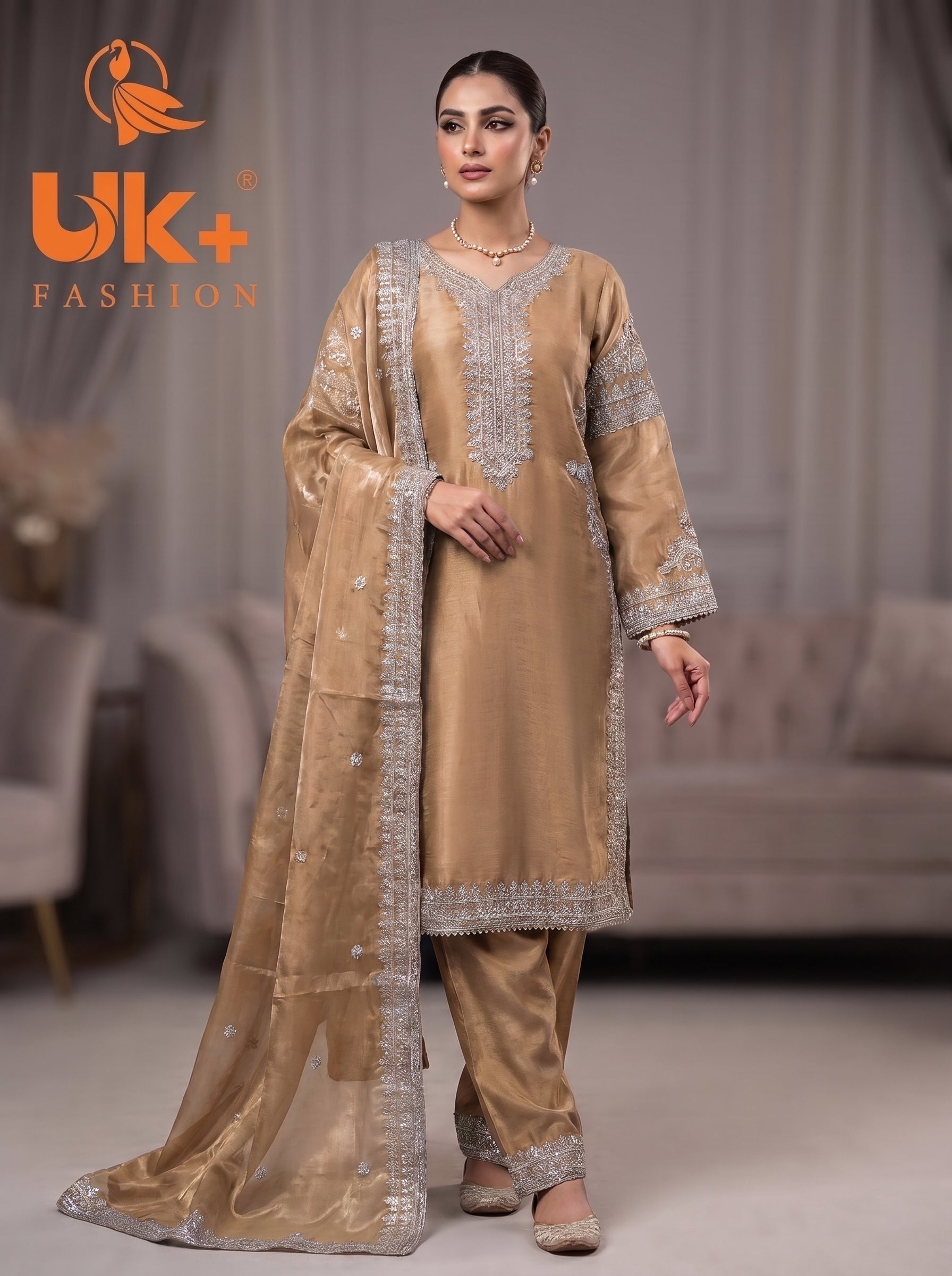 3Pc Embroidered Silk Shirt, Shalwar, Dupatta