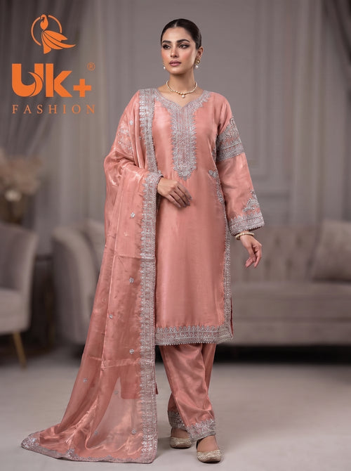 3Pc Embroidered Silk Shirt, Shalwar, Dupatta
