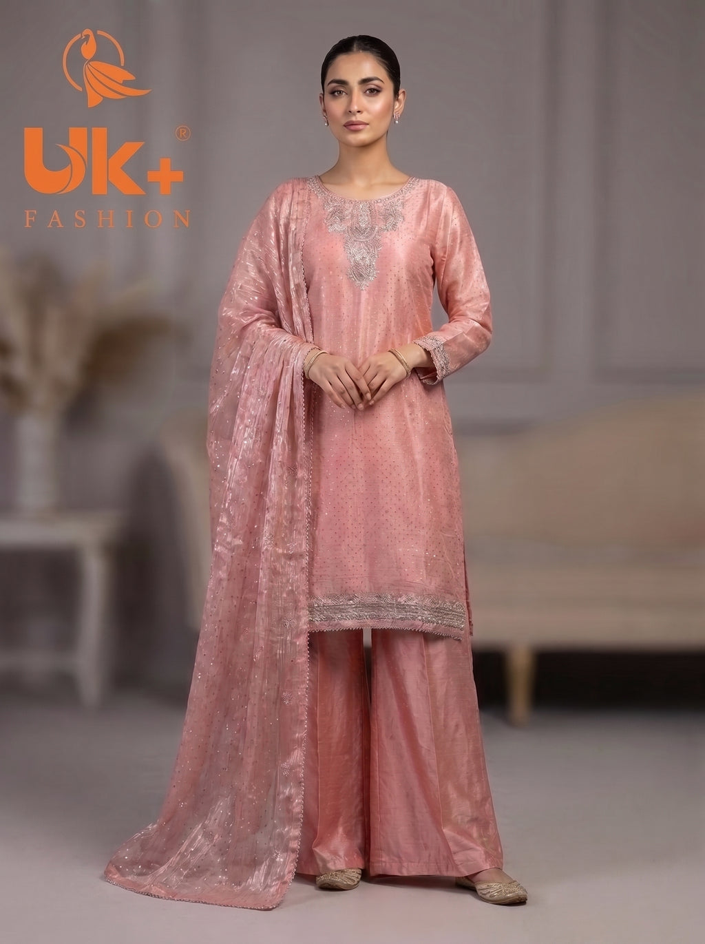 3Pc Embroidered Silk Shirt, Shalwar, Dupatta