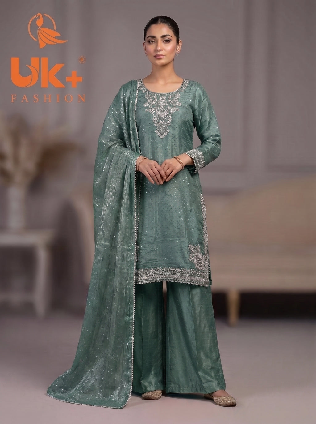 3Pc Embroidered Silk Shirt, Shalwar, Dupatta