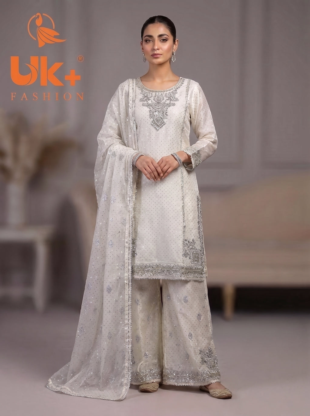 3Pc Embroidered Silk Shirt, Shalwar, Dupatta