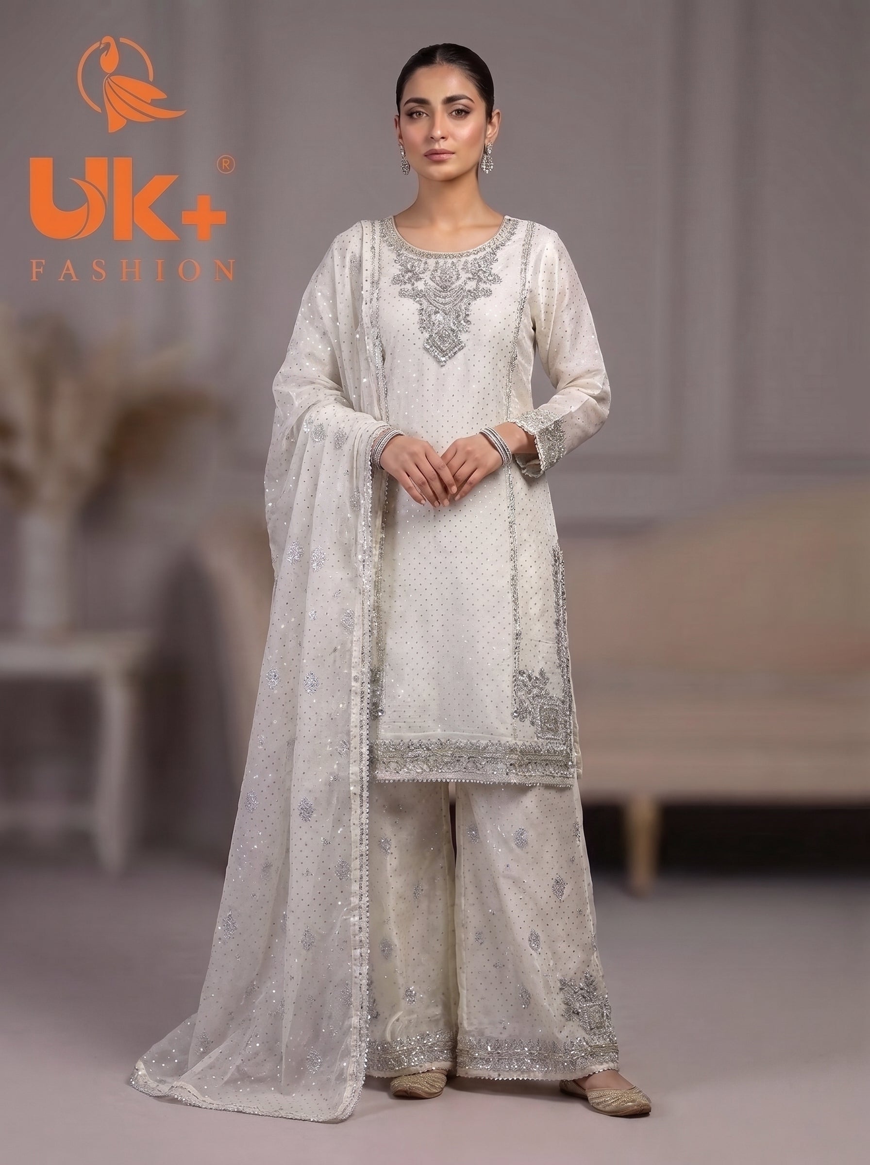 3Pc Embroidered Silk Shirt, Shalwar, Dupatta
