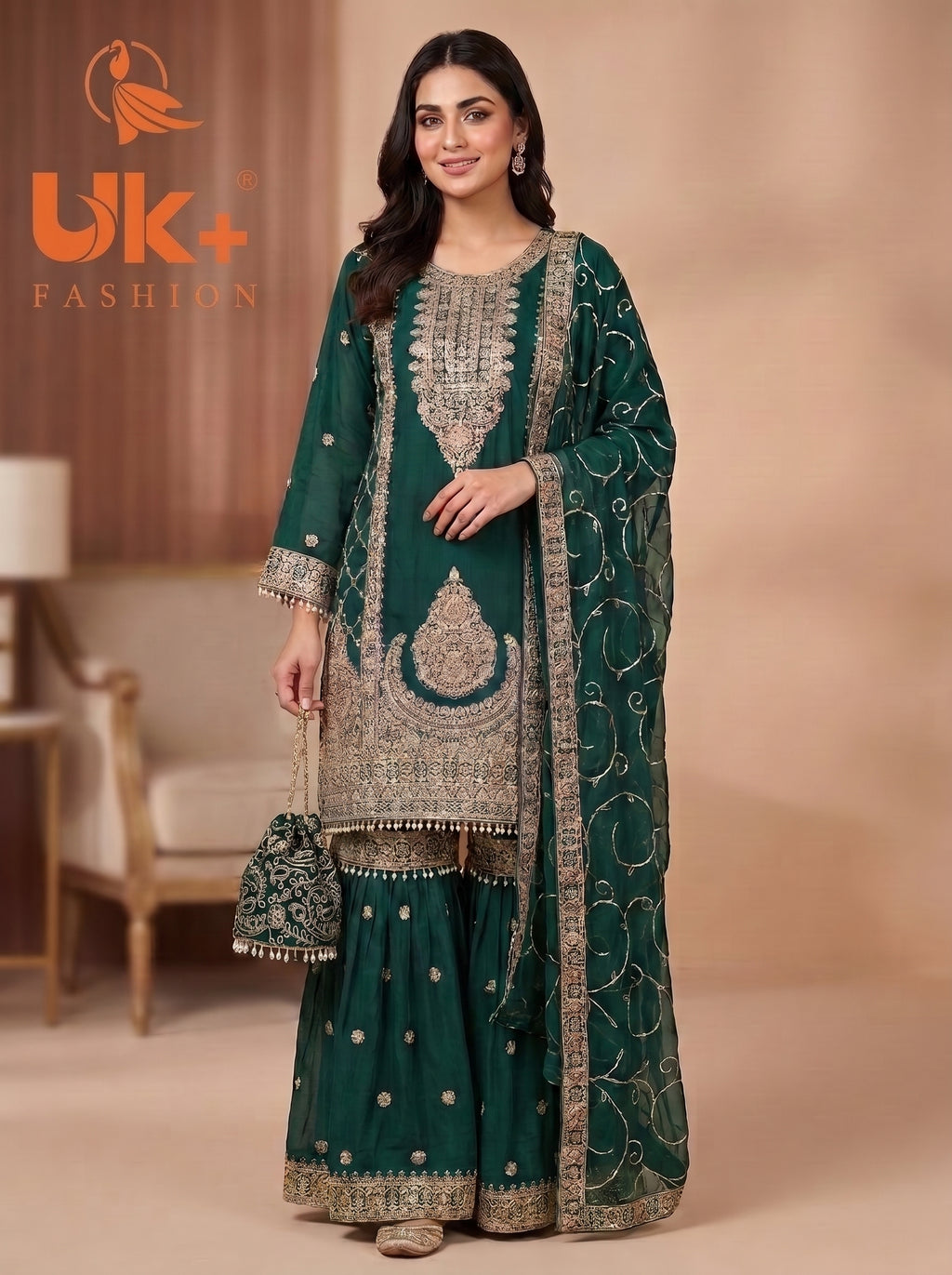 3Pc Embroided Chiffon Shirt, Gharara, Dupatta