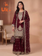 3Pc Embroided Chiffon Shirt, Gharara, Dupatta
