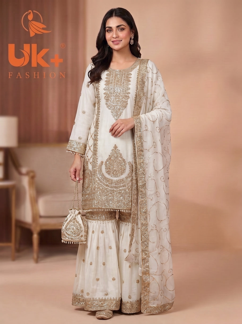 3Pc Embroided Chiffon Shirt, Gharara, Dupatta