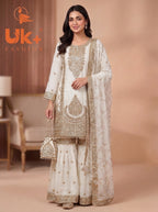 3Pc Embroided Chiffon Shirt, Gharara, Dupatta
