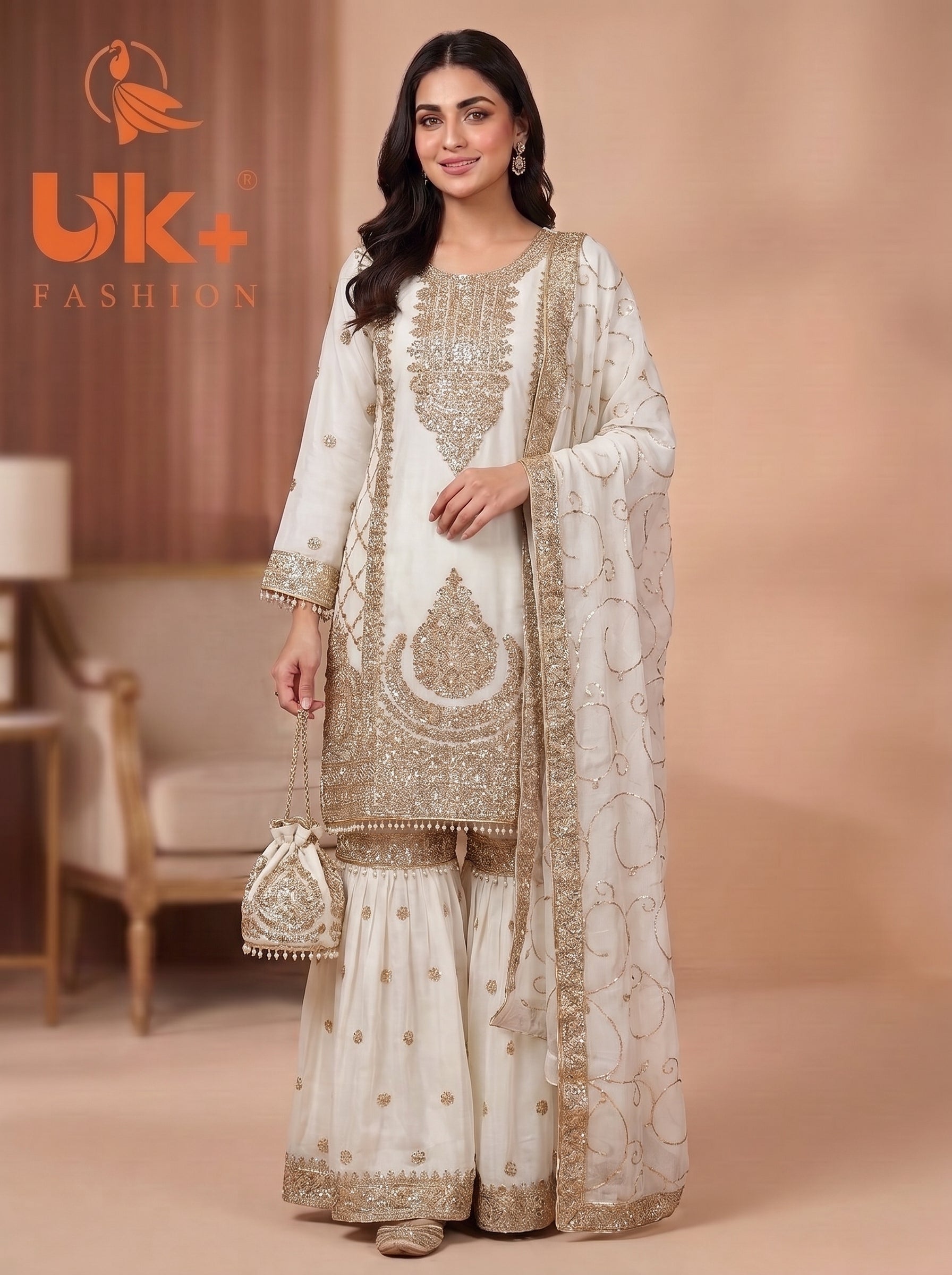 3Pc Embroided Chiffon Shirt, Gharara, Dupatta