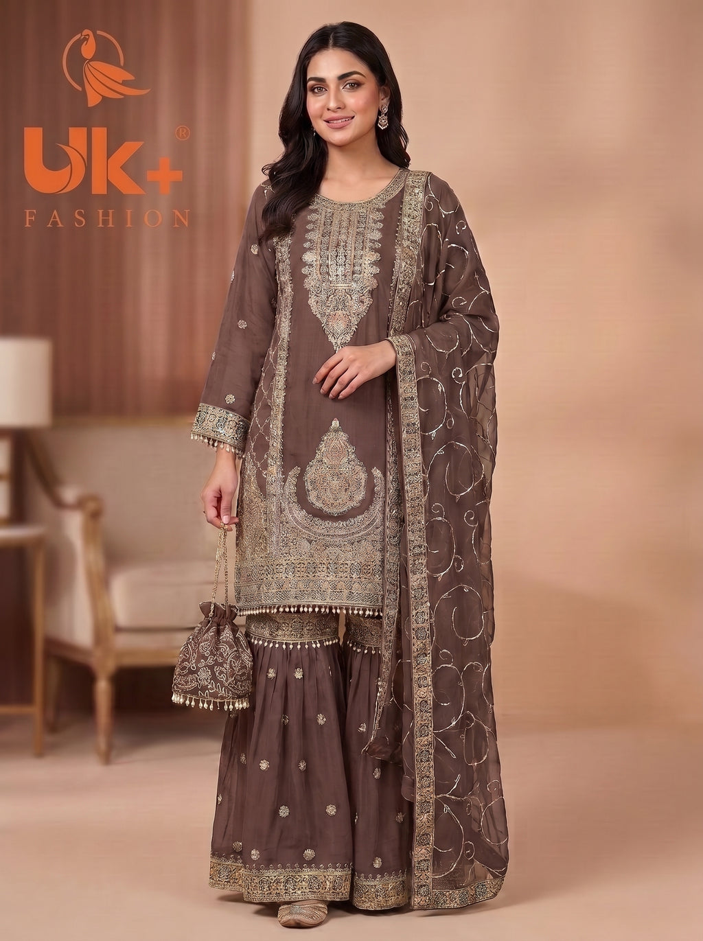 3Pc Embroided Chiffon Shirt, Gharara, Dupatta